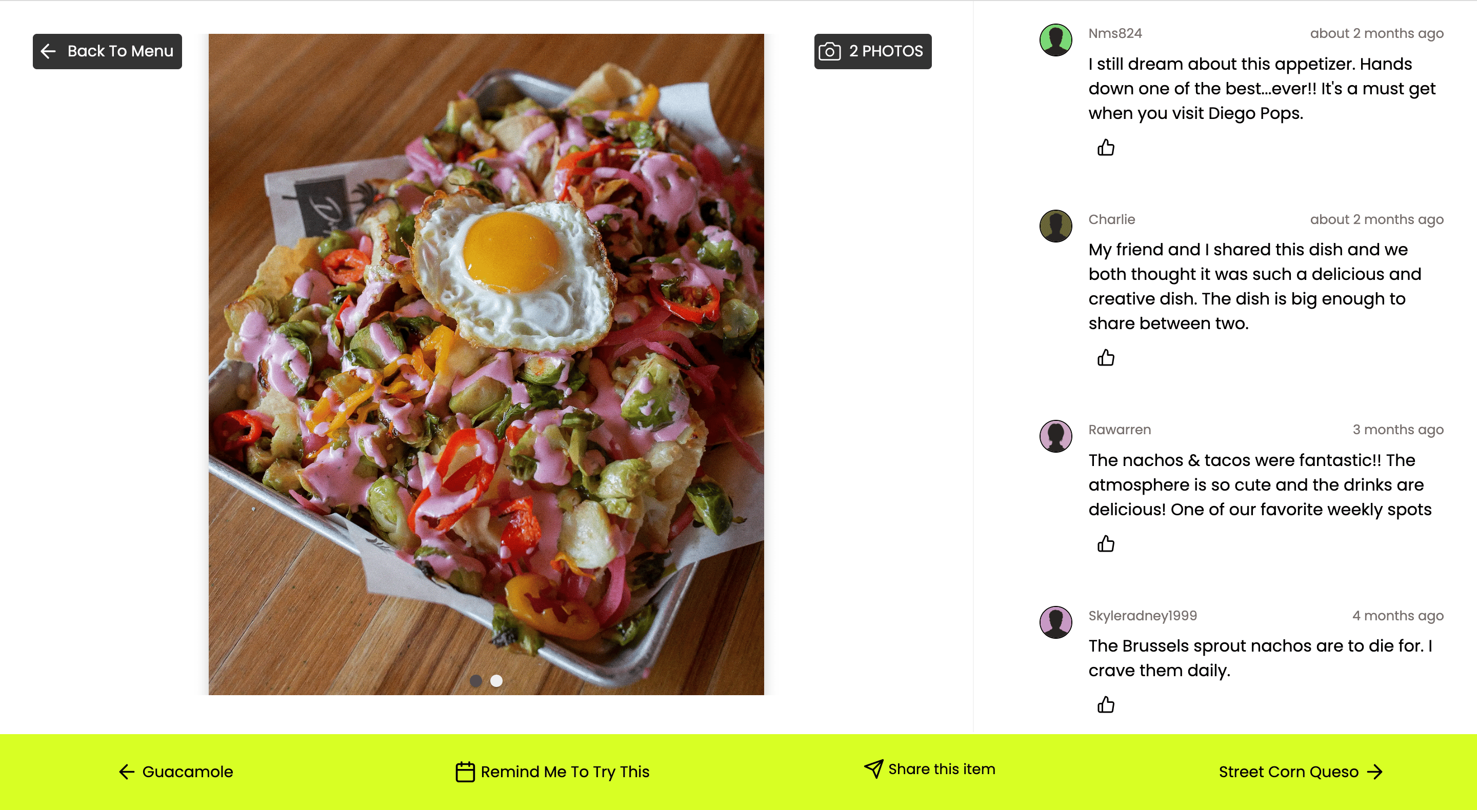 Dish card with an image of Brussel Sprout Nachos and four guest reviews talking positively about the dish 