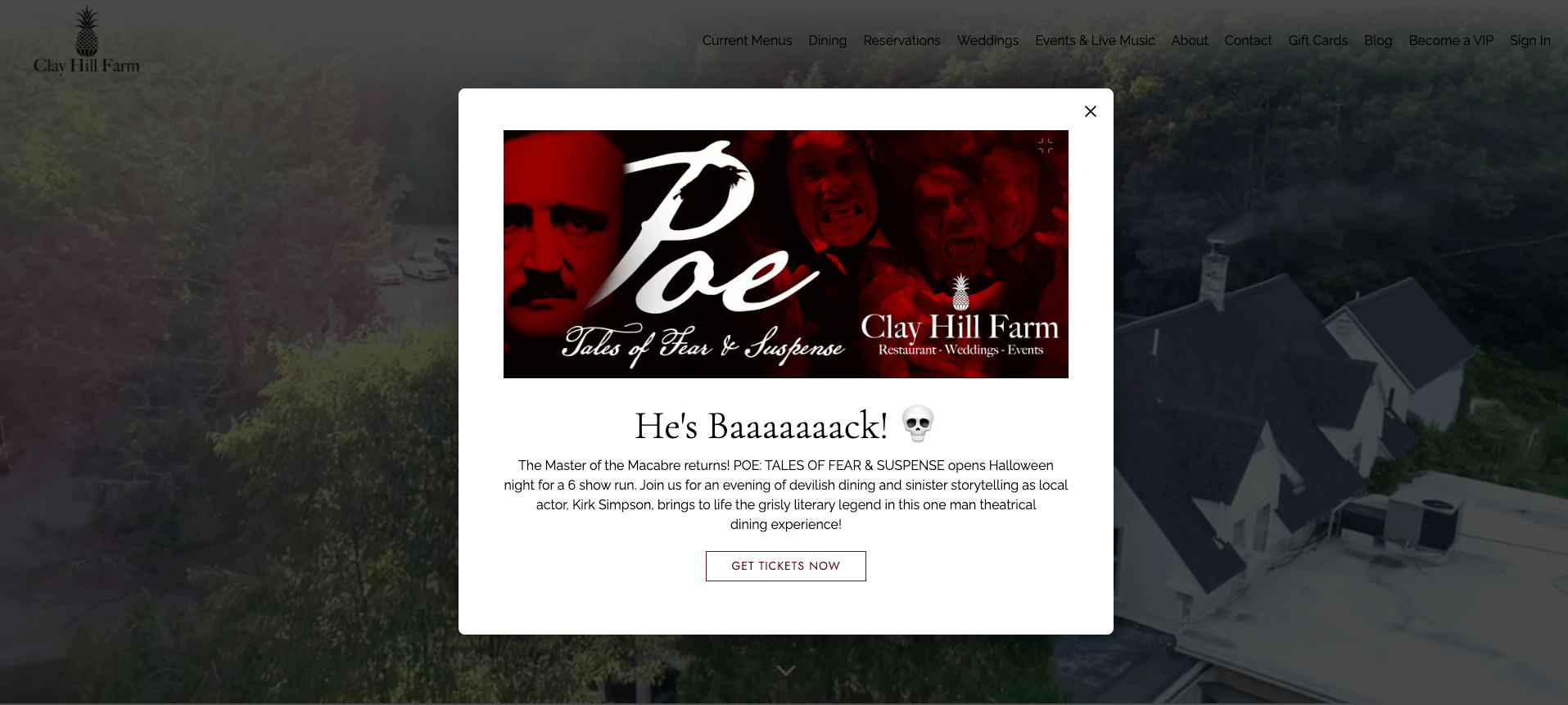 A pop-up restaurant promotion for a magician event at Clay Hill Farm Restaurant