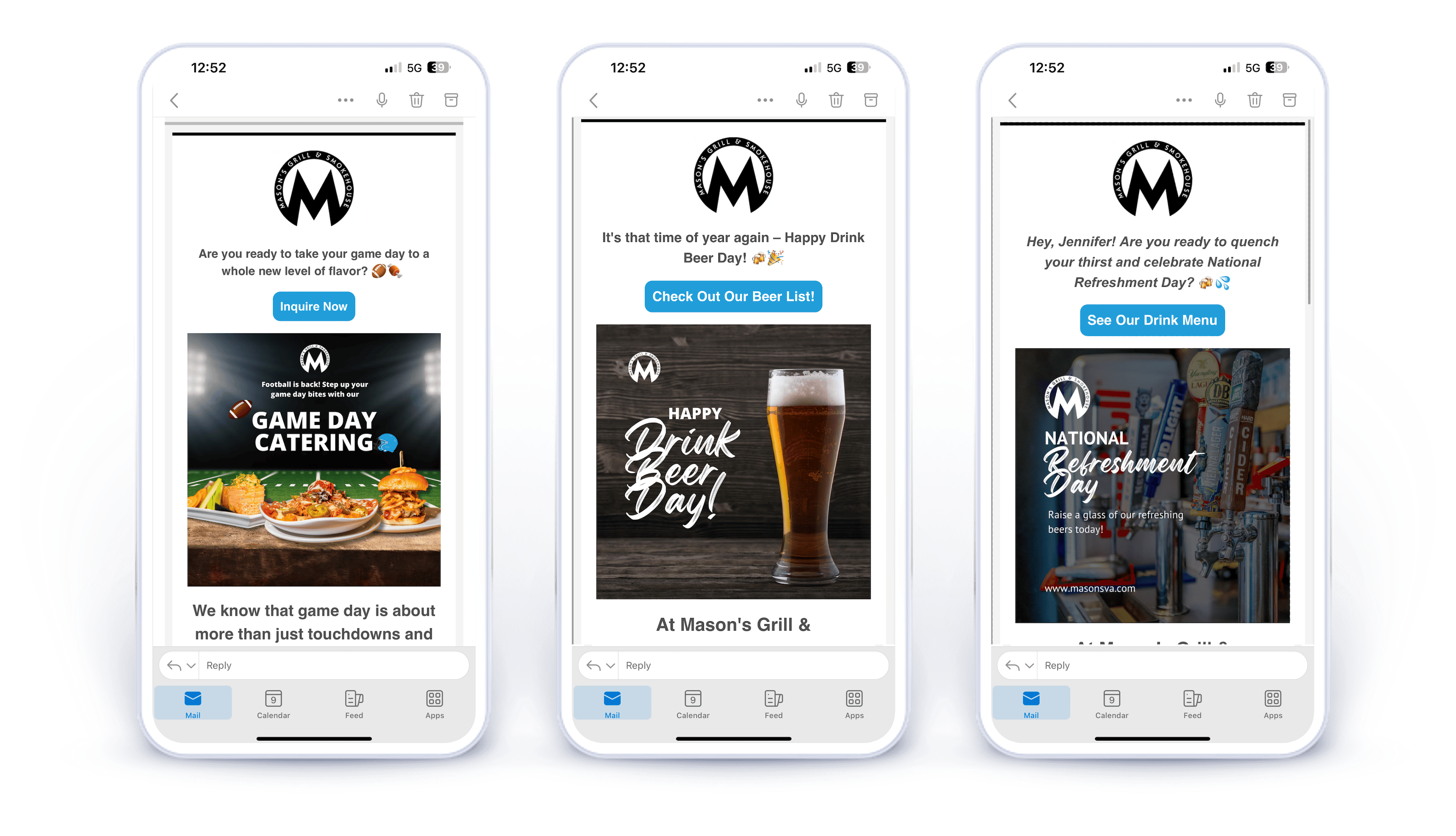 Three marketing emails promoting game day, drink beer day, and national refreshment day