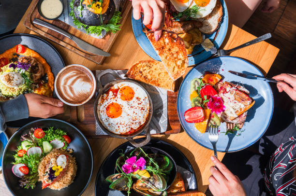 Flat-lay of a brunch spread with eggs, toast, and coffee, used in an AI-generated 'Brunch is back' email draft