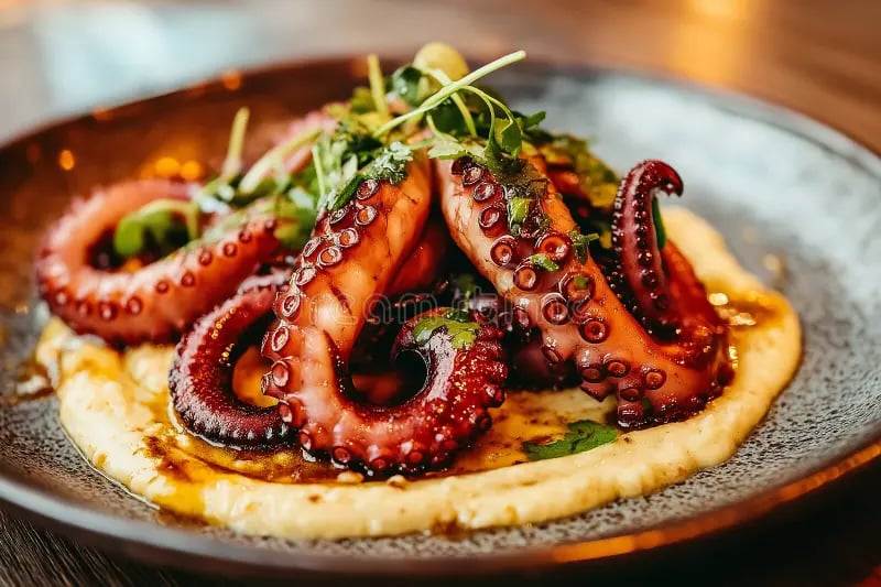 Smoked octopus dish with charred lemon, used in an AI-generated 'New on the menu' social post draft