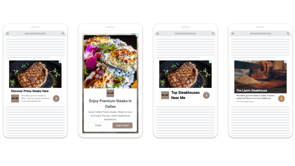 Mobile ad mockups showing restaurant display ads for a steakhouse