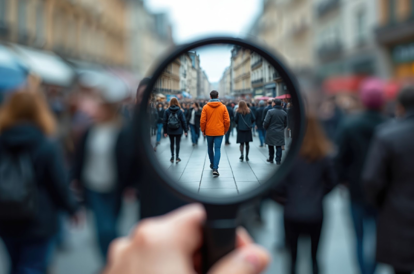 Magnifying glass highlighting one person in a crowd