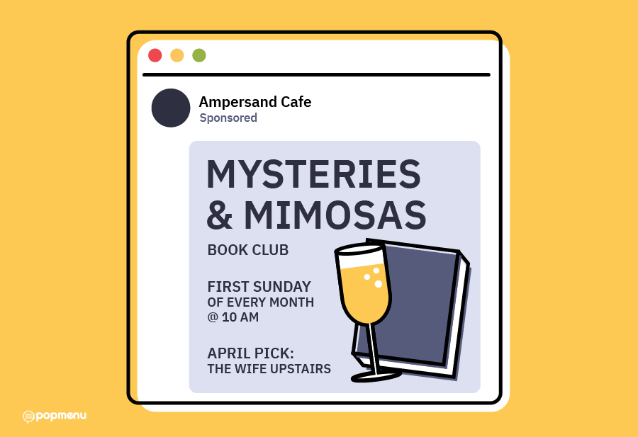 Social media ad for a mimosas and book club event