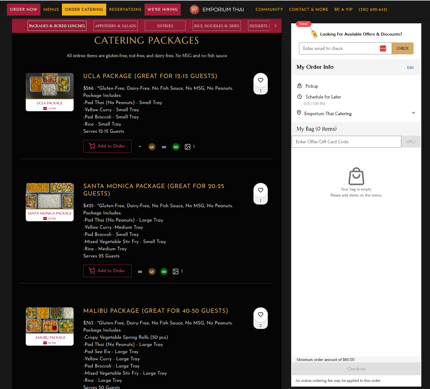 Emporium Thai online ordering website showing catering package options