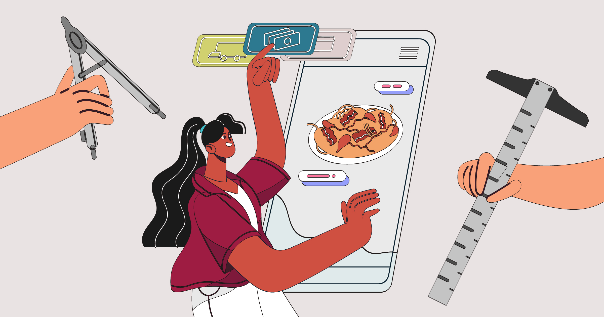 Illustrated hands using design tools to analyze a restaurant ordering app