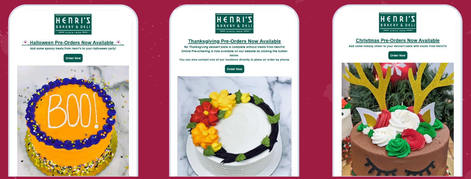 Three screenshots from Henri’s Bakery & Deli, each with a cake themed for Halloween, Thanksgiving, and Christmas.