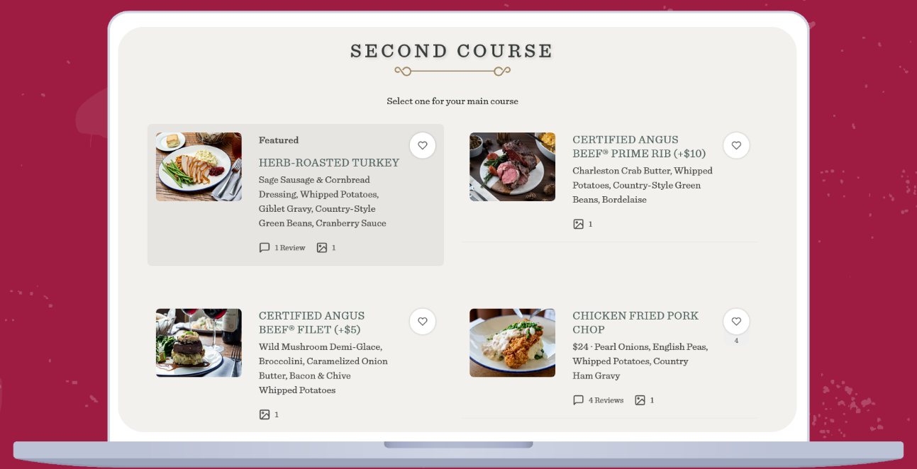 A screenshot of a restaurant’s irresistible holiday menu, including herb-roasted turkey.