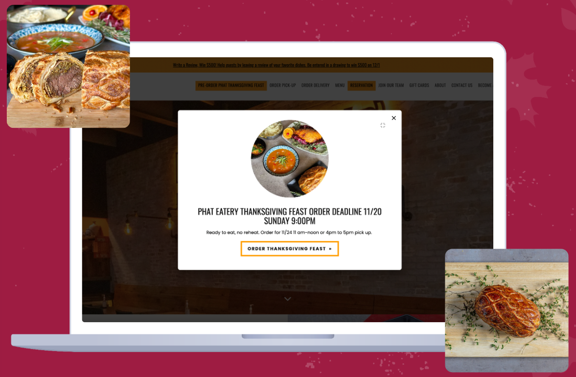 A screenshot of Phat Eatery promoting a Thanksgiving Ordering event using a pop-up announcement on their website’s home page.