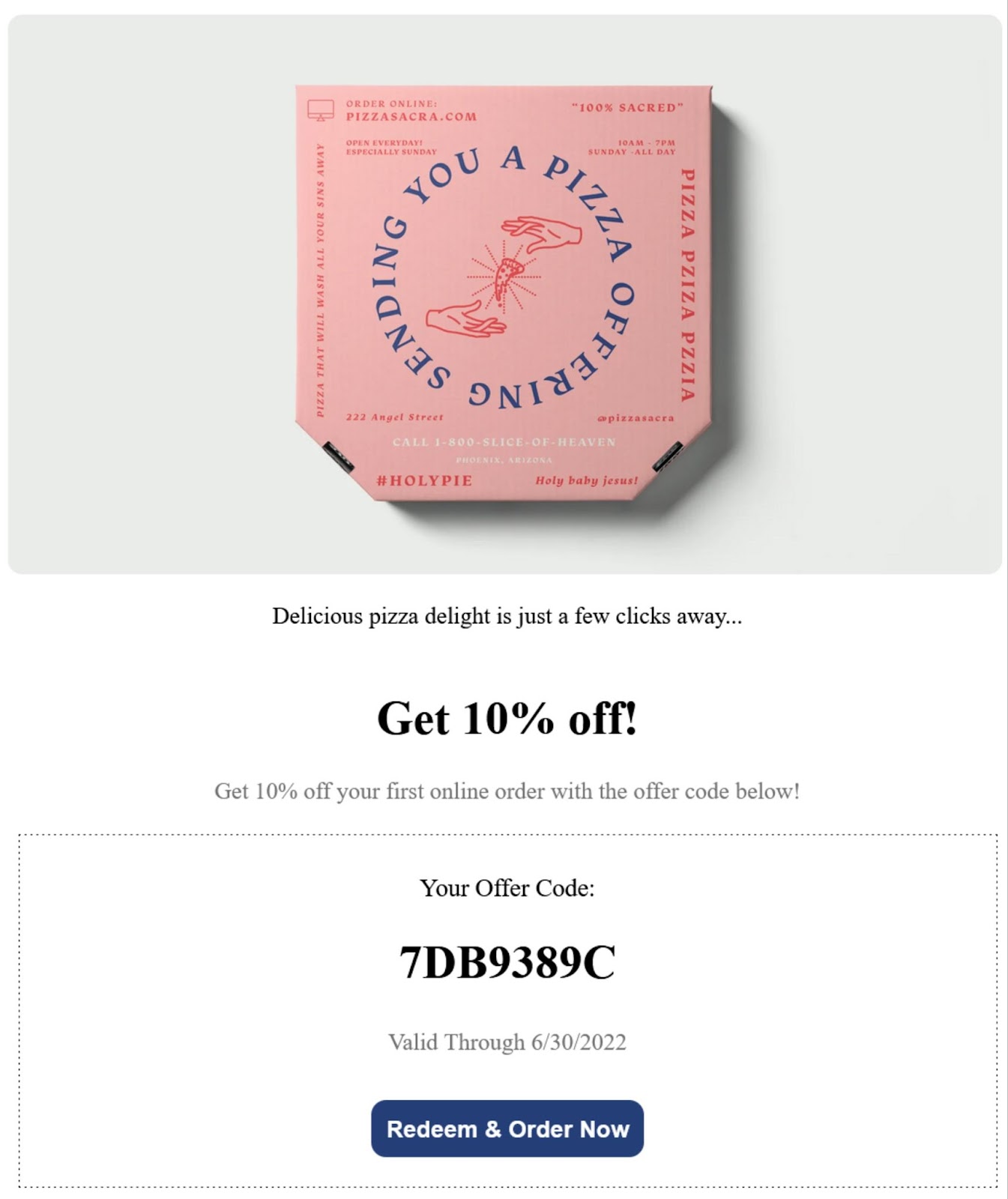 Email offering 10% off from a pizza restaurant’s loyalty promotion