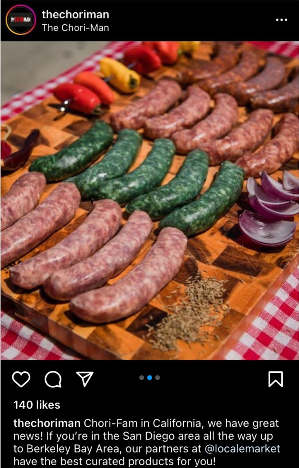 Instagram post from The Chori-Man showing assorted sausages on a board