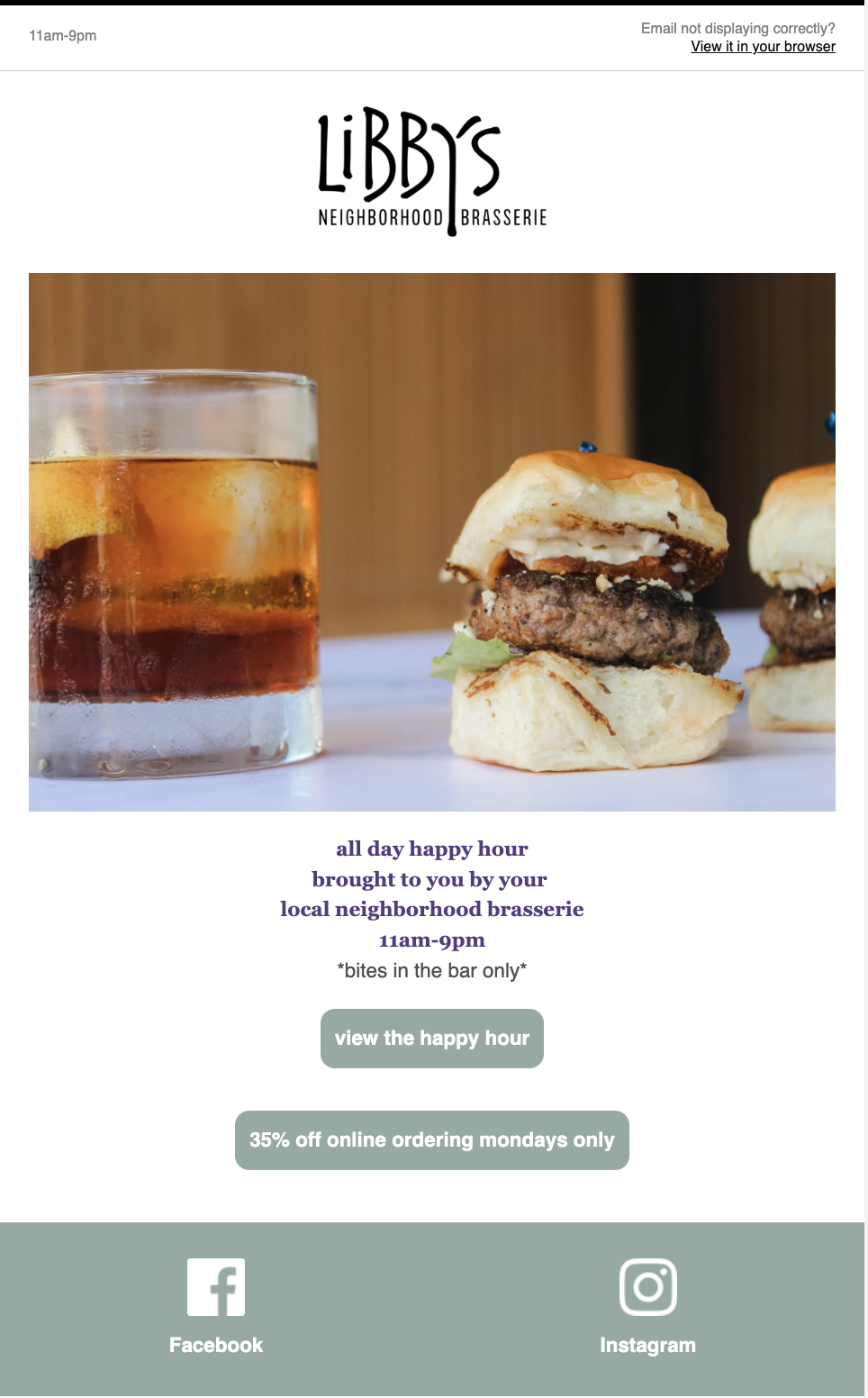 Libby's Neighborhood Brasserie email promoting Monday online ordering discount