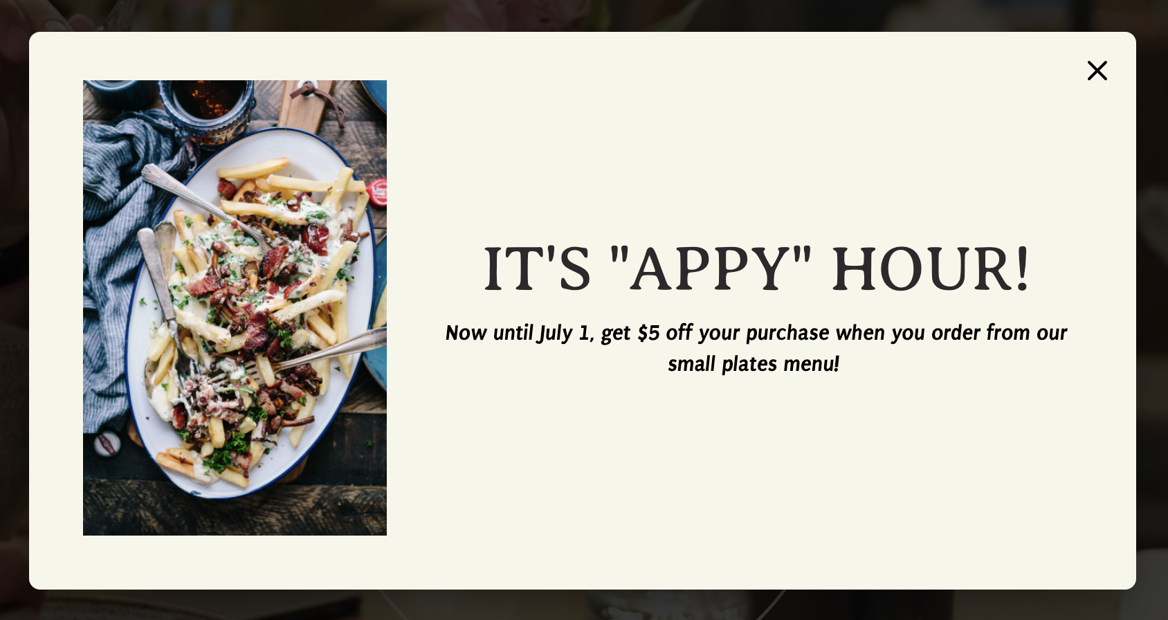 Website pop-up promoting $5 off the small plates menu