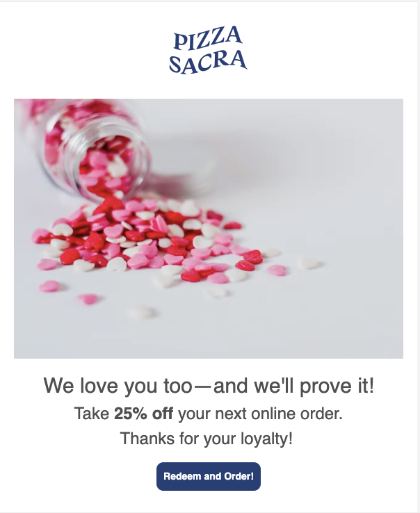 Pizza Sacra email offering 25% off for a Valentine's promotion