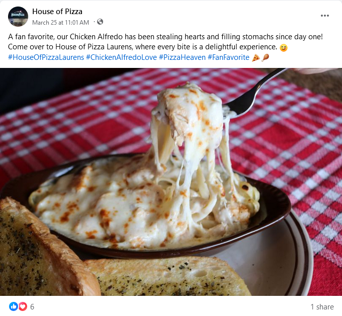 House of Pizza Facebook post featuring their Chicken Alfredo dish
