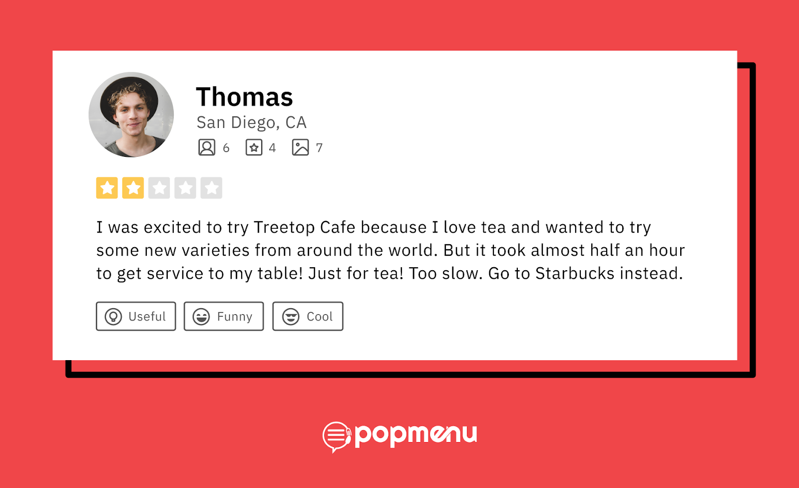 Example two-star negative review for Treetop Cafe