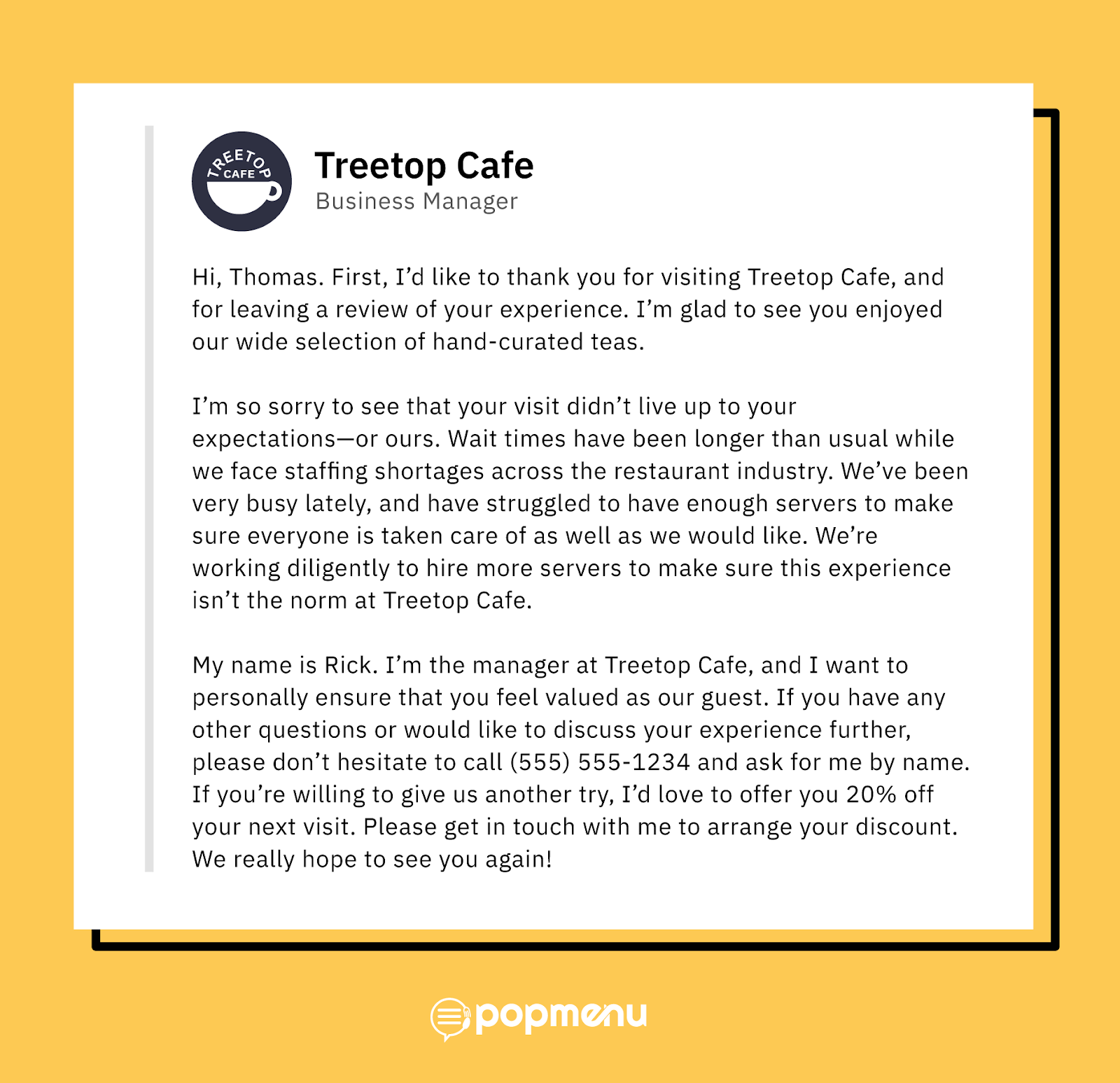 Example business response to Treetop Cafe’s negative review