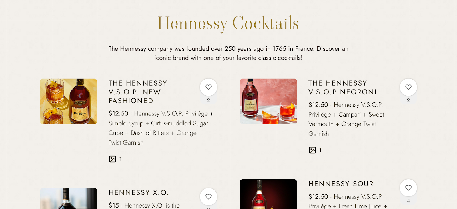 Hennessy Cocktails menu section with brand-name drinks