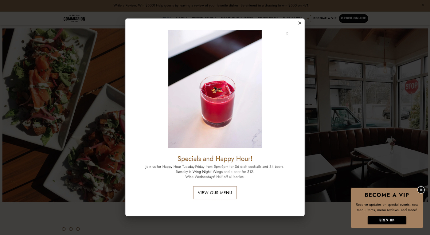 Full Commission website pop-up advertising happy hour specials
