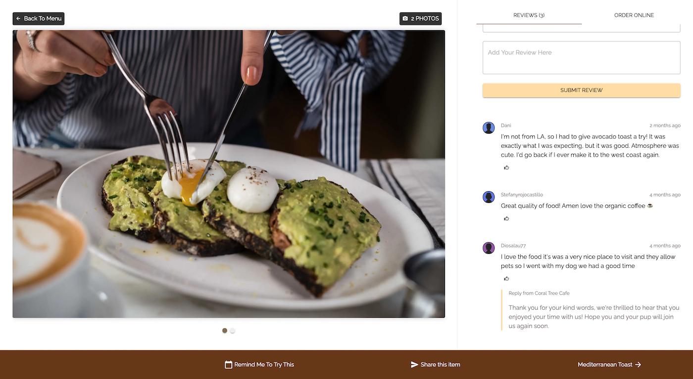 Coral Tree Cafe menu item page with guest reviews