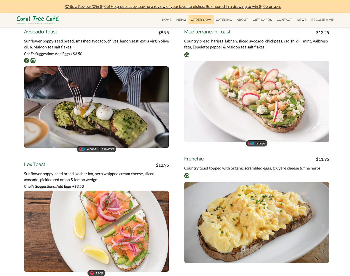 Coral Tree Cafe’s online menu with photos of toast dishes
