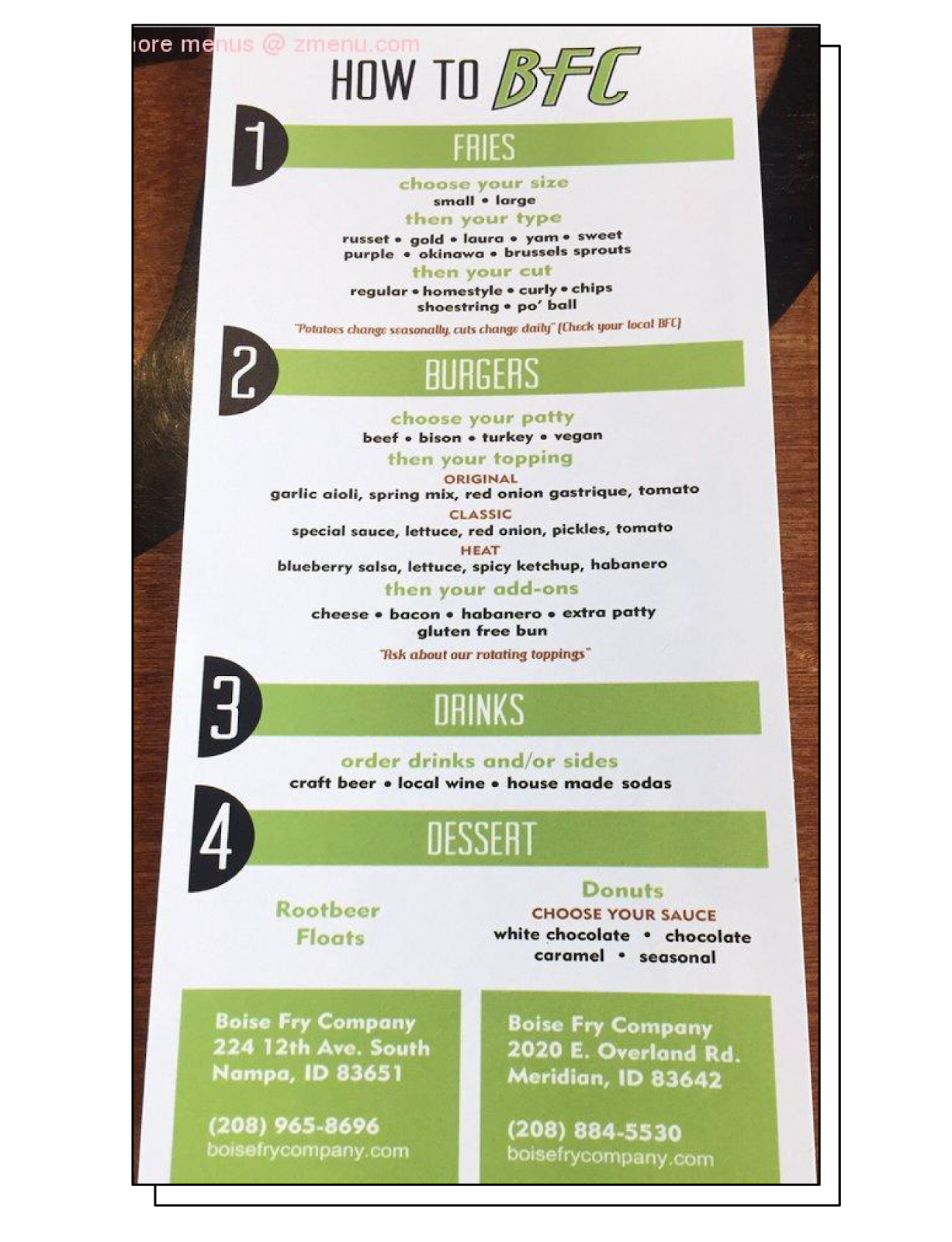 Boise Fry Company’s numbered step-by-step ordering menu