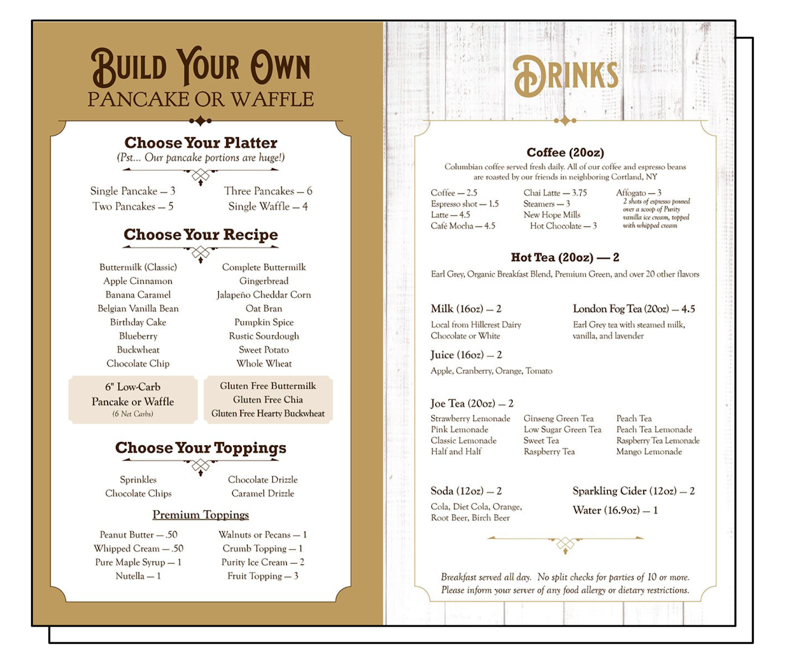 New Hope Mills build-your-own pancake and drinks menu