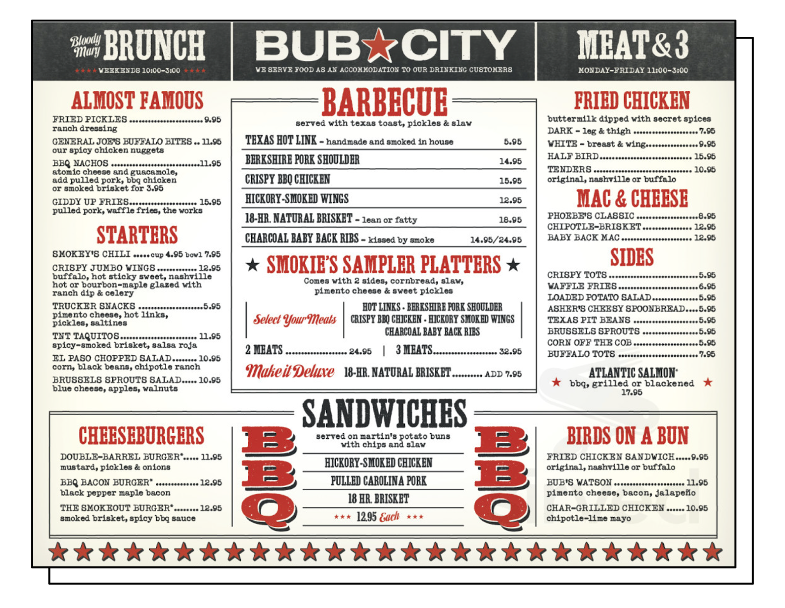Bub City menu with barbecue meats in a highlighted center box