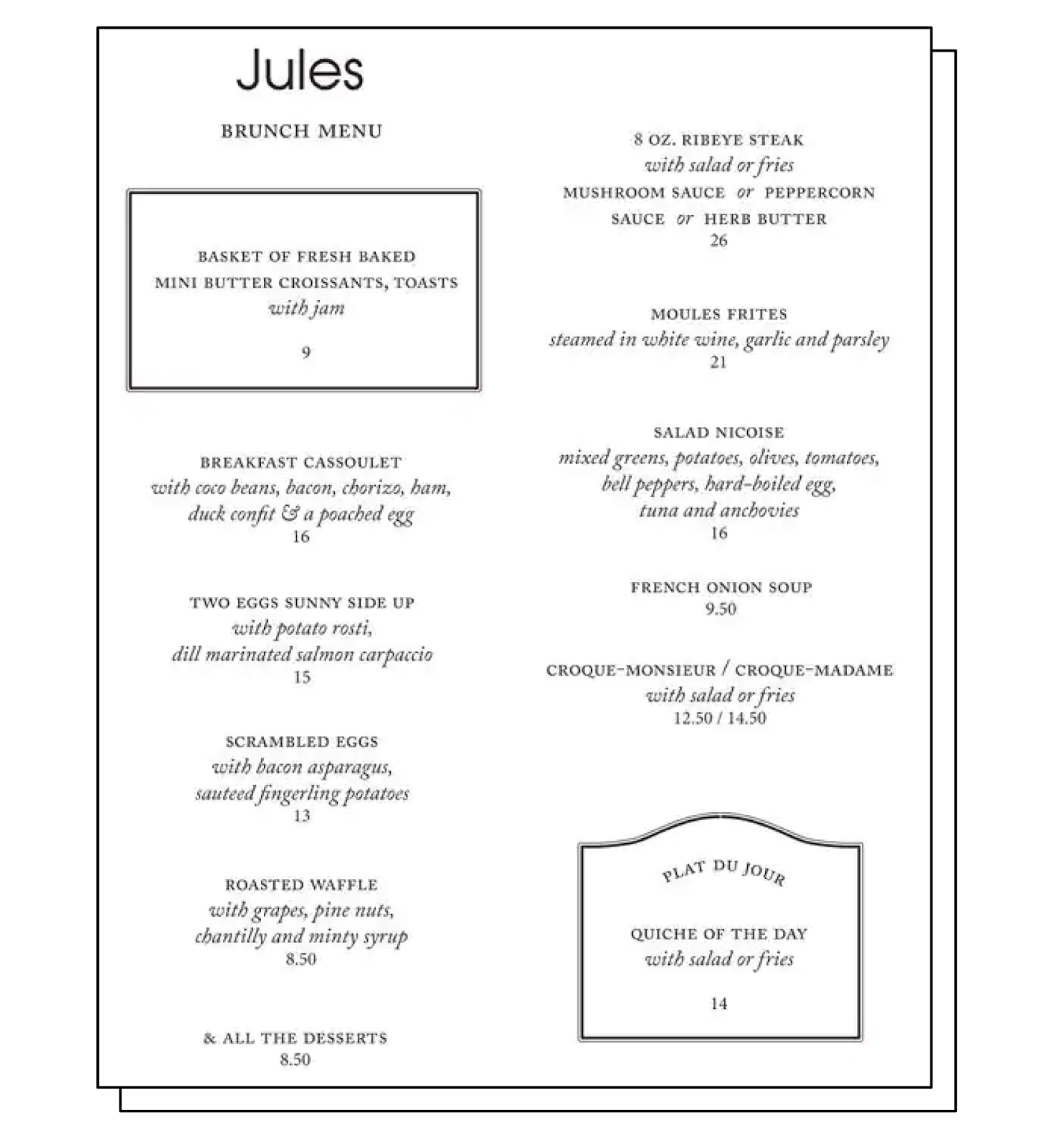 Jules brunch menu with bordered croissant basket and quiche specials