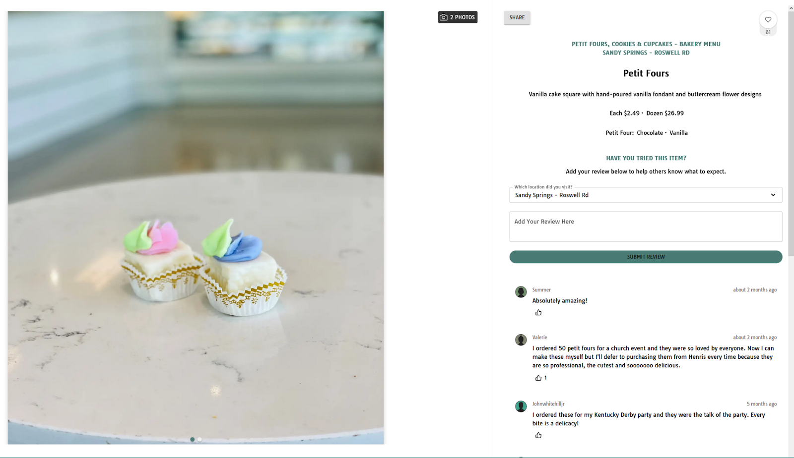 Menu item page showing a dish photo and guest reviews