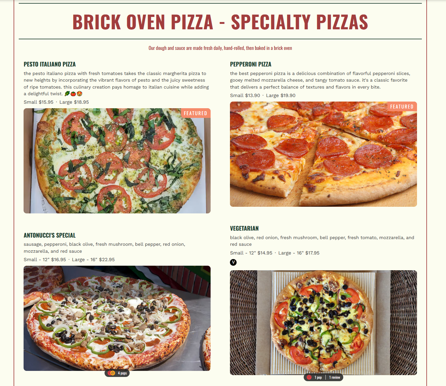 Interactive online pizza menu with photos and pricing