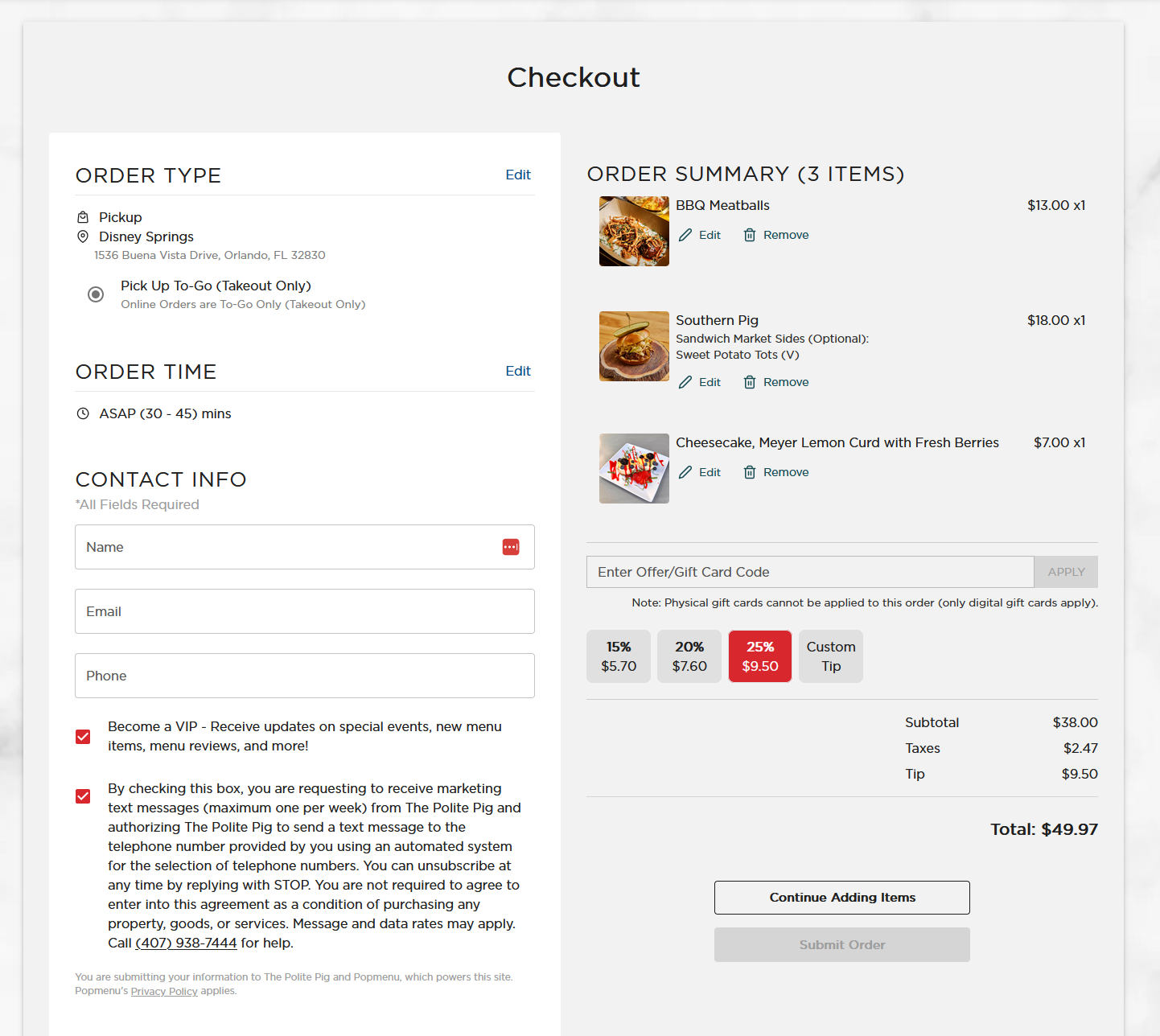 Checkout page for ordering directly from a restaurant website