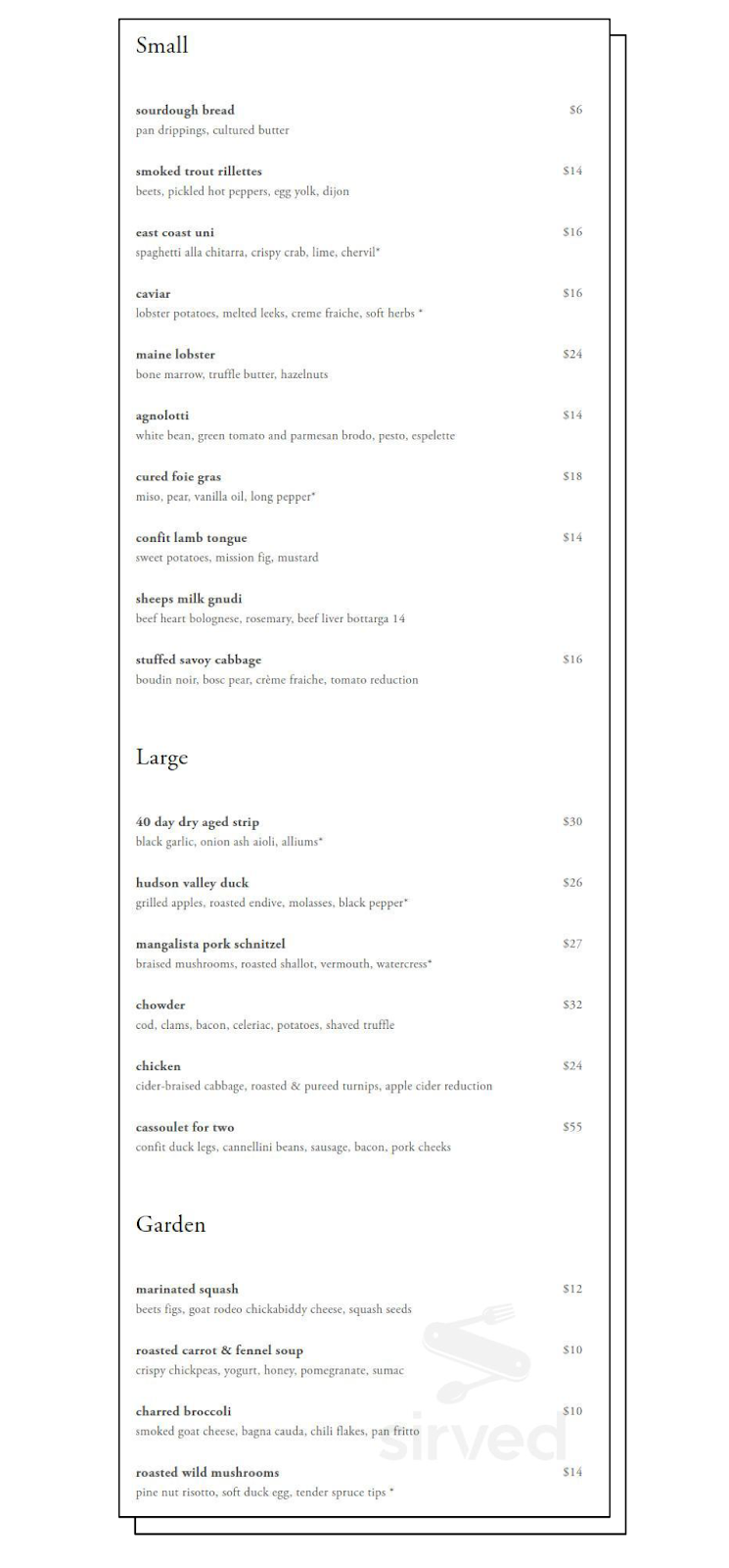 Fish Nor Fowl menu with small, large, and garden plate sections