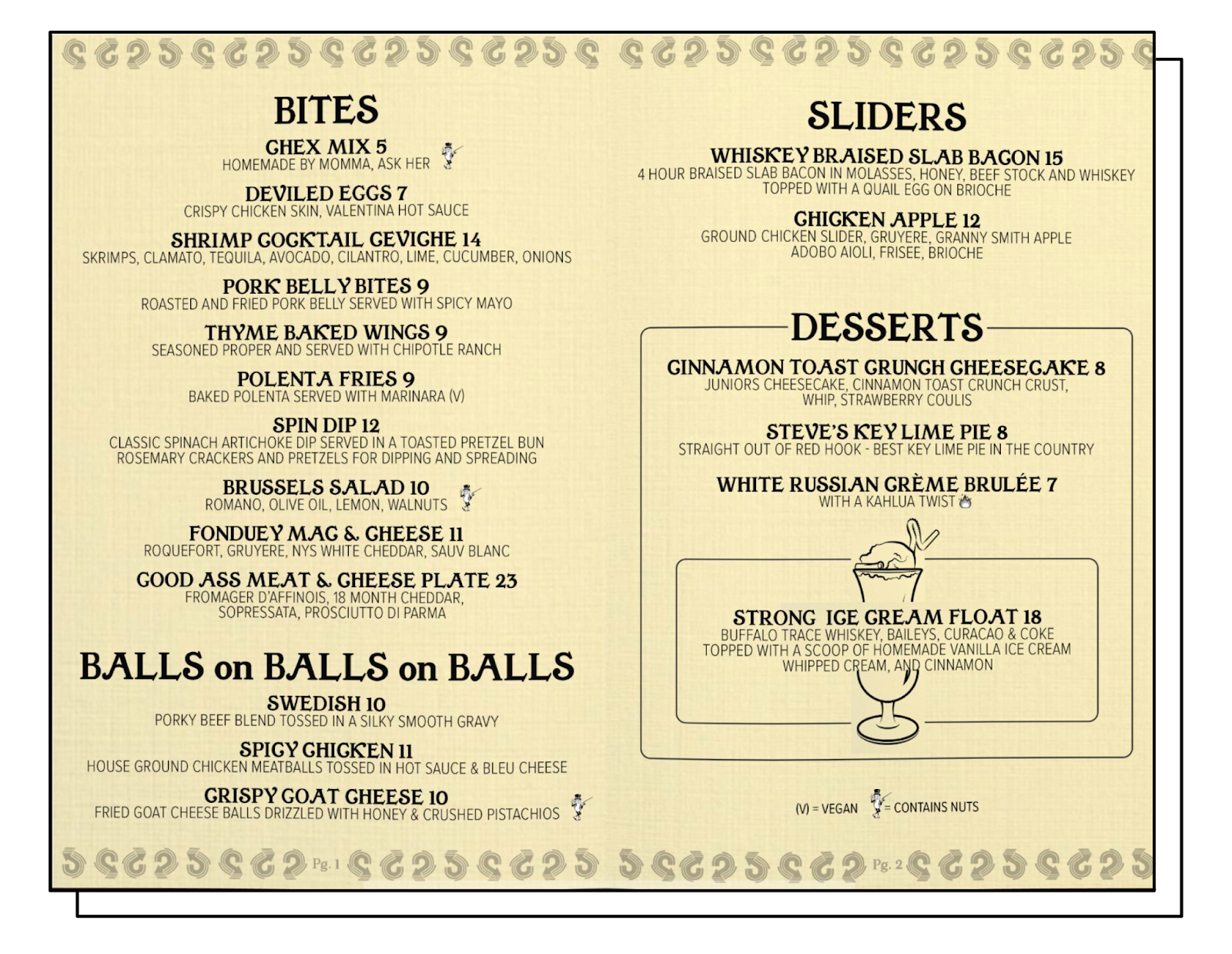 Honey Well menu with bites, sliders, and dessert sections