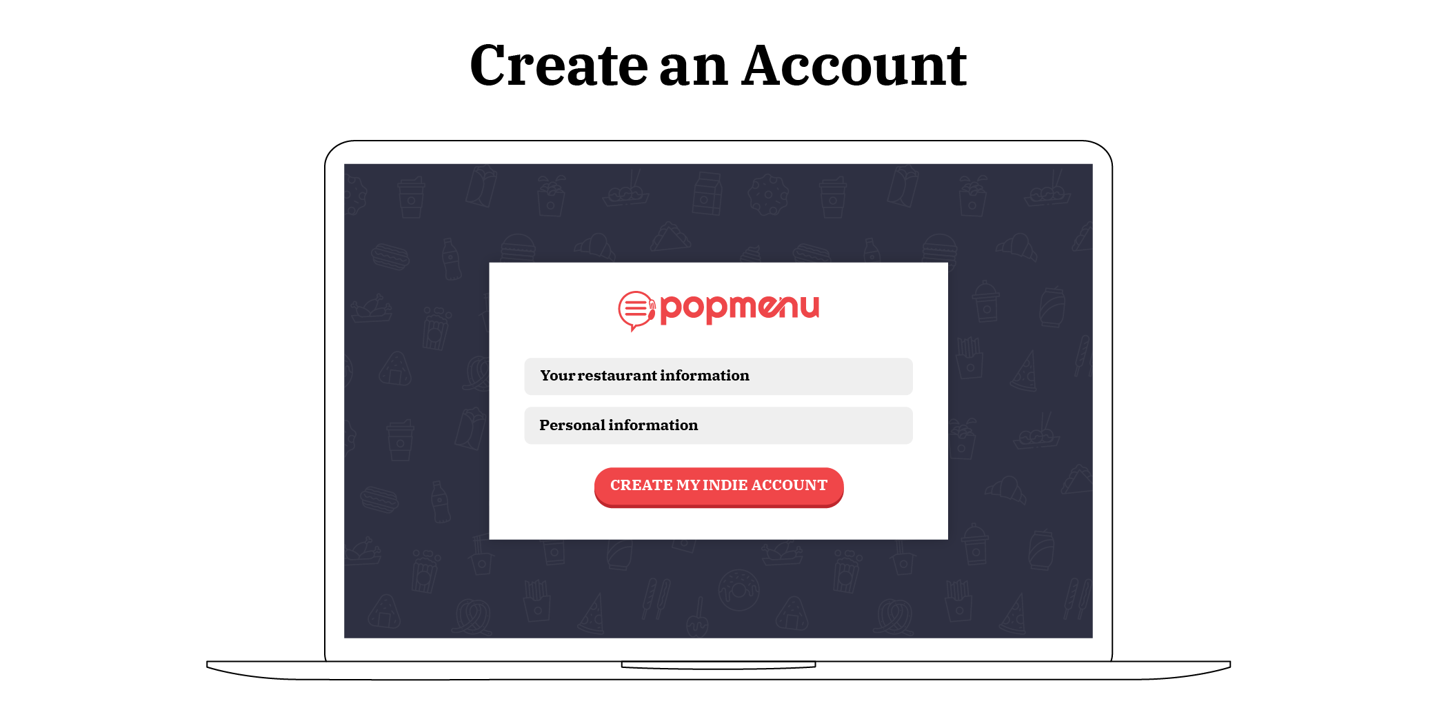 Laptop mockup of Popmenu’s “Create an Account” signup screen