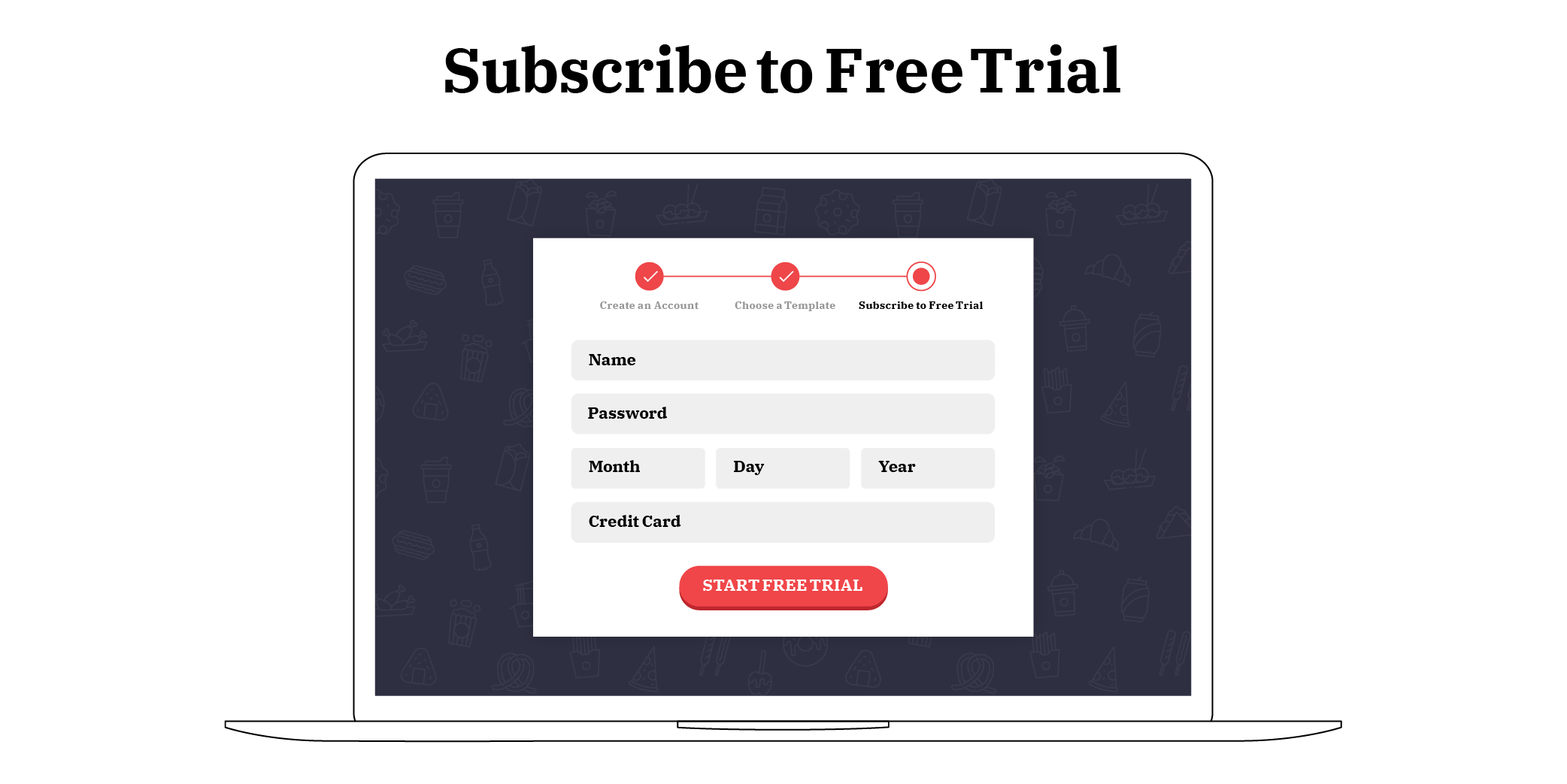 Laptop mockup of Popmenu’s “Subscribe to Free Trial” signup screen