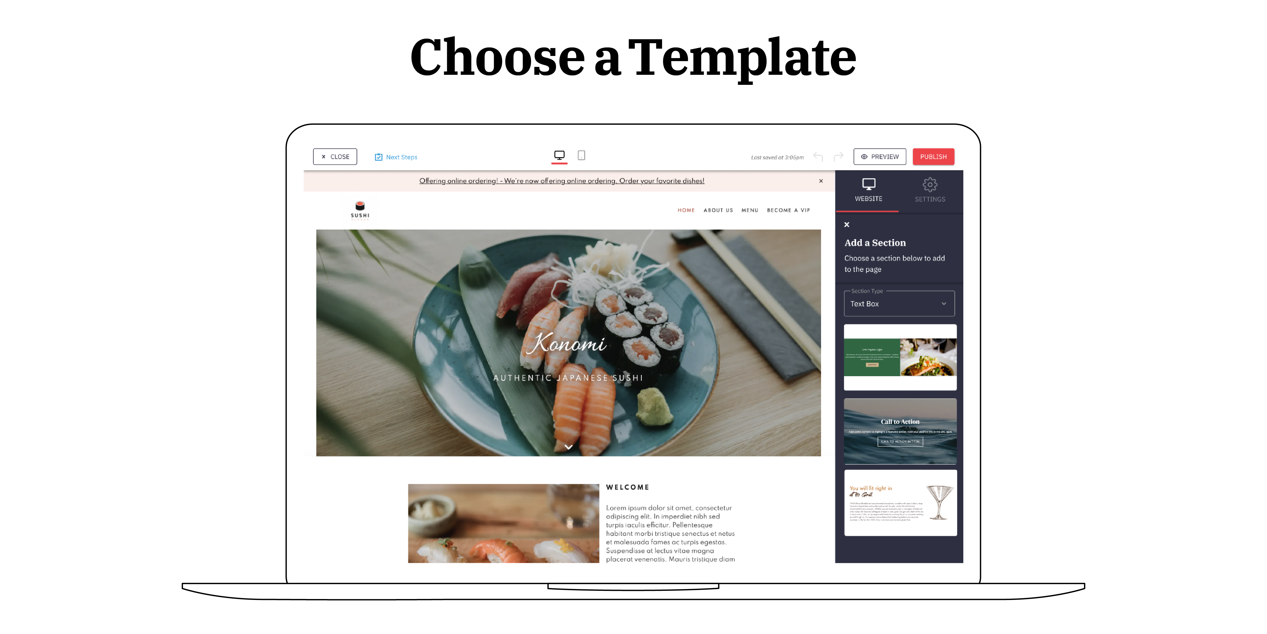 Laptop mockup of Popmenu’s website template selection screen