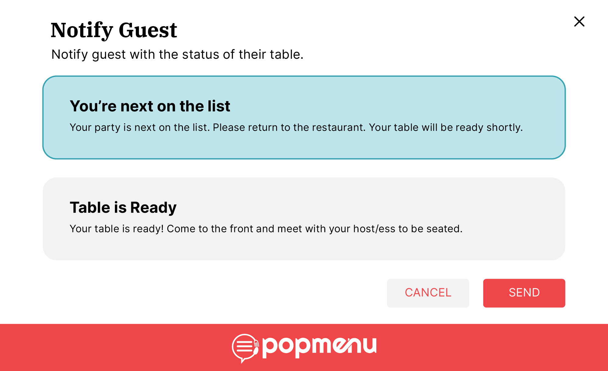 Notify Guest modal with pre-built waitlist text message options