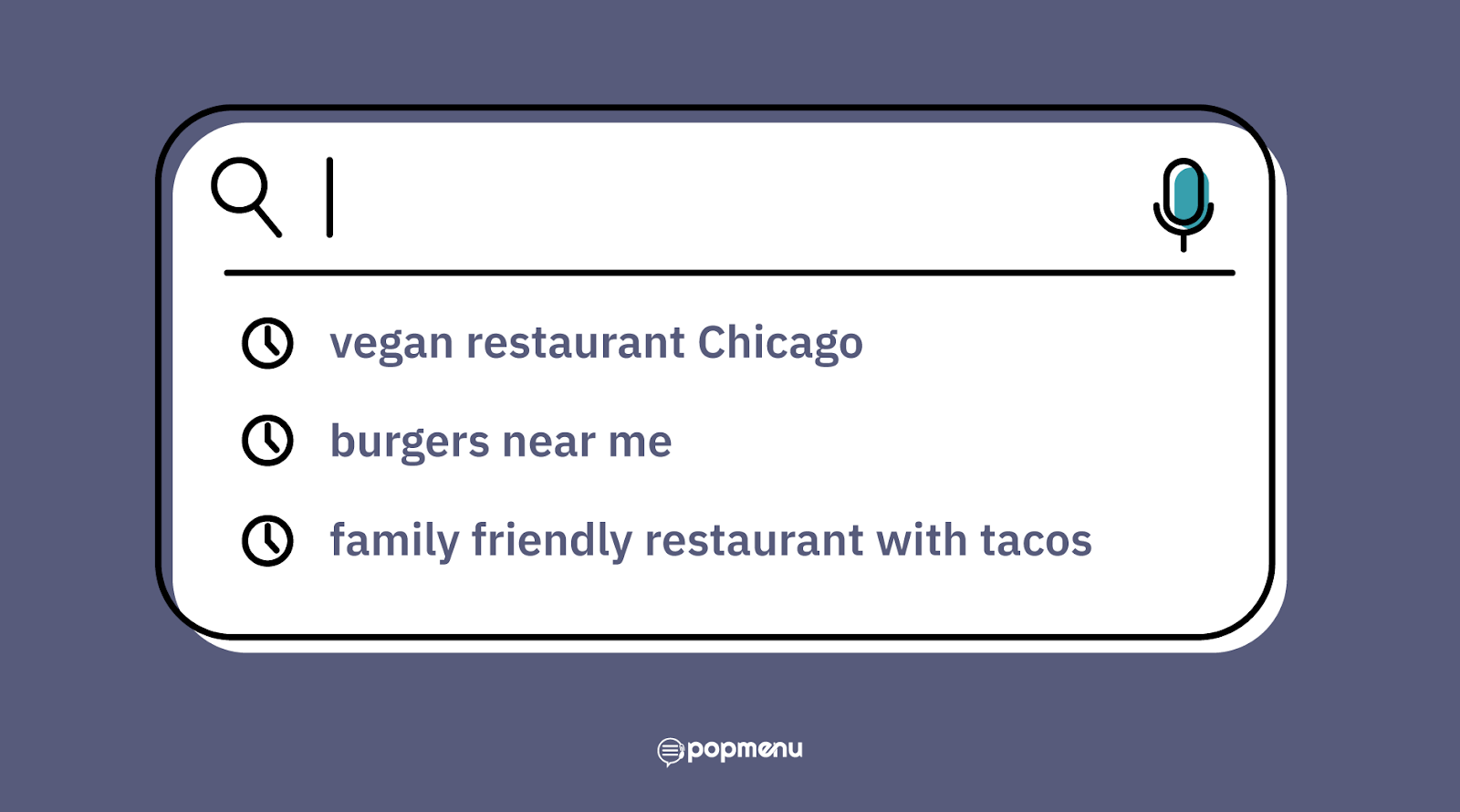 Search bar showing example restaurant search queries like “burgers near me”