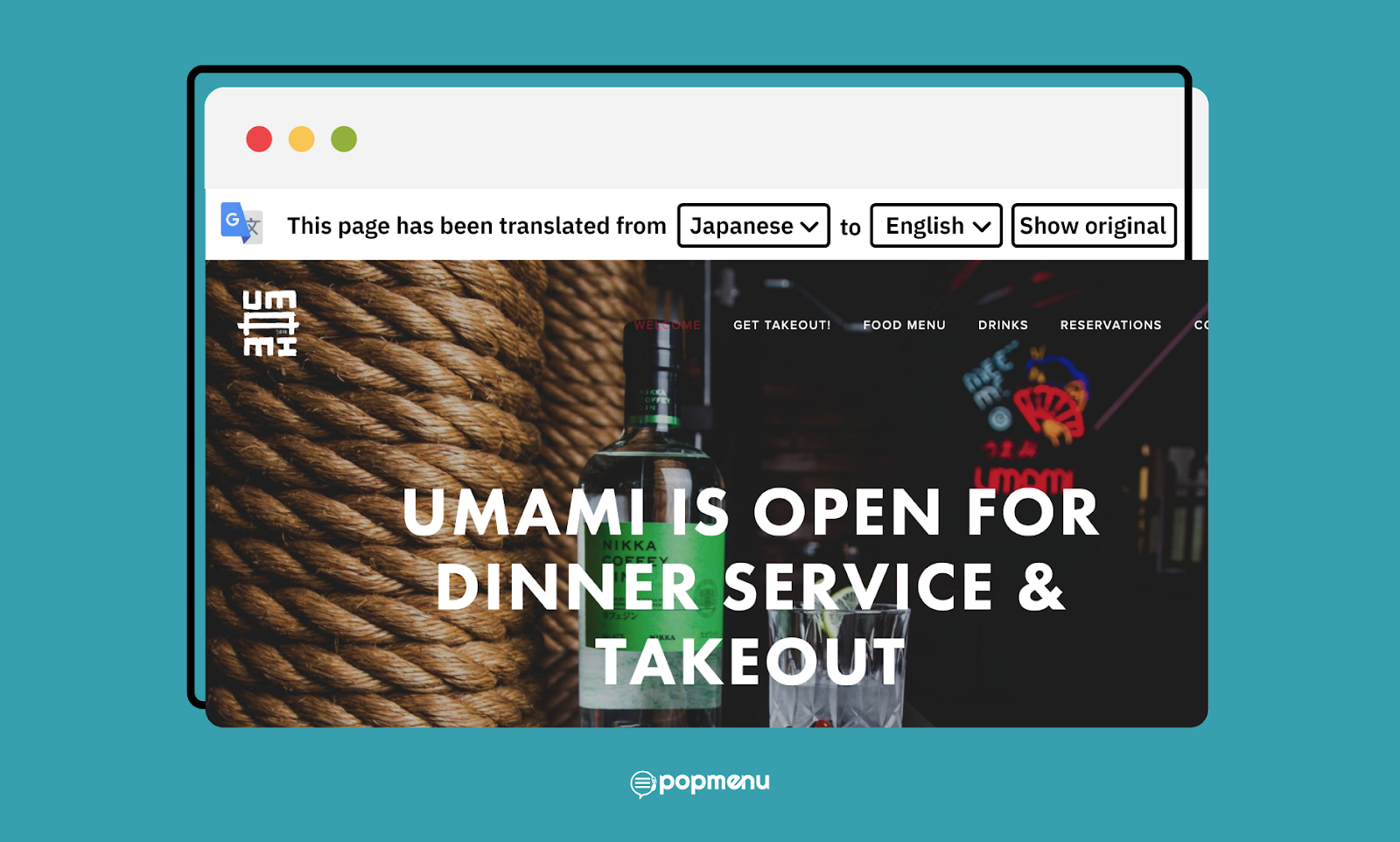 Restaurant website automatically translated from Japanese to English