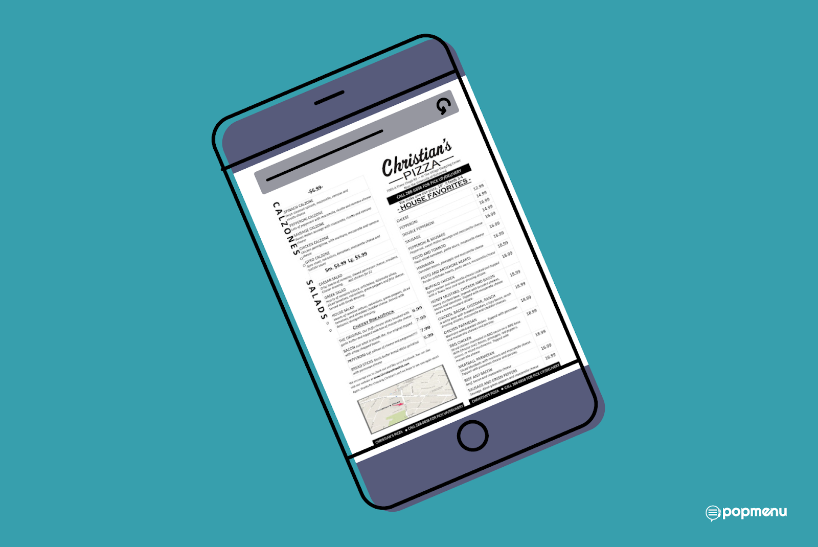 Hard-to-read PDF pizza menu displayed on a mobile phone screen