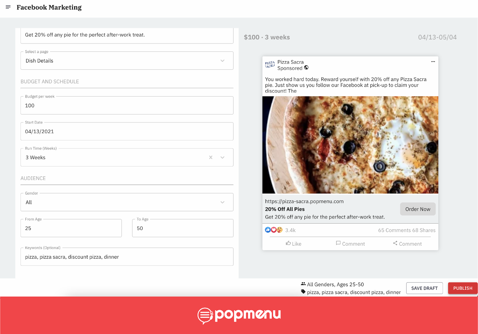 Facebook ad campaign summary screen with a Publish button