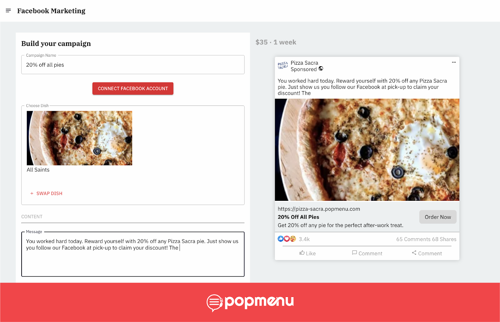 MyPop dashboard screen for connecting Facebook and building an ad campaign