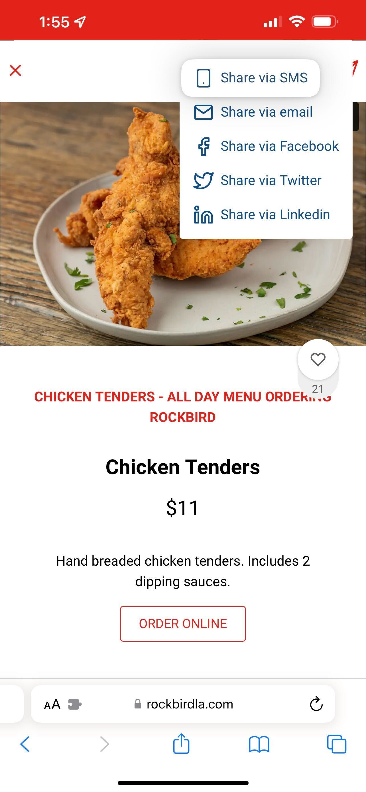 Share menu options for a chicken tenders dish on a mobile menu page