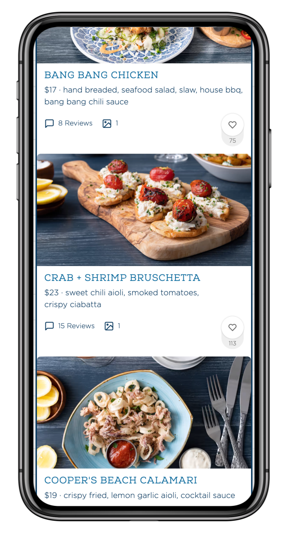Mobile menu page showing dish photos, prices, and review counts