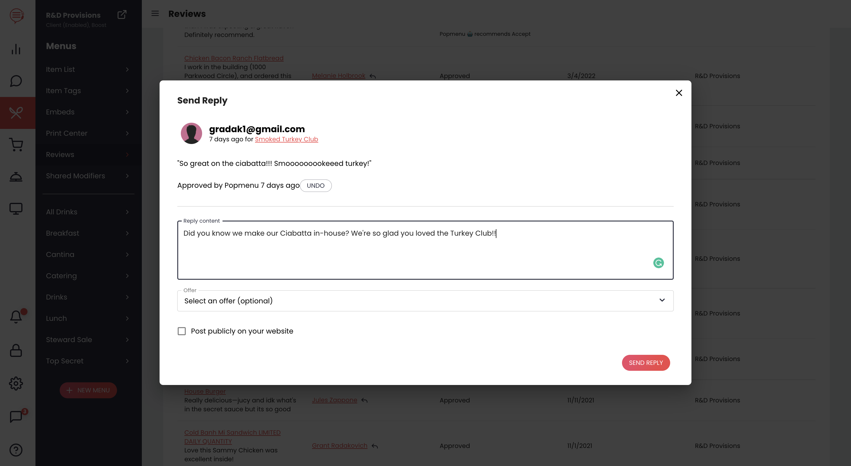 Popmenu dashboard showing a reply being sent to a customer review