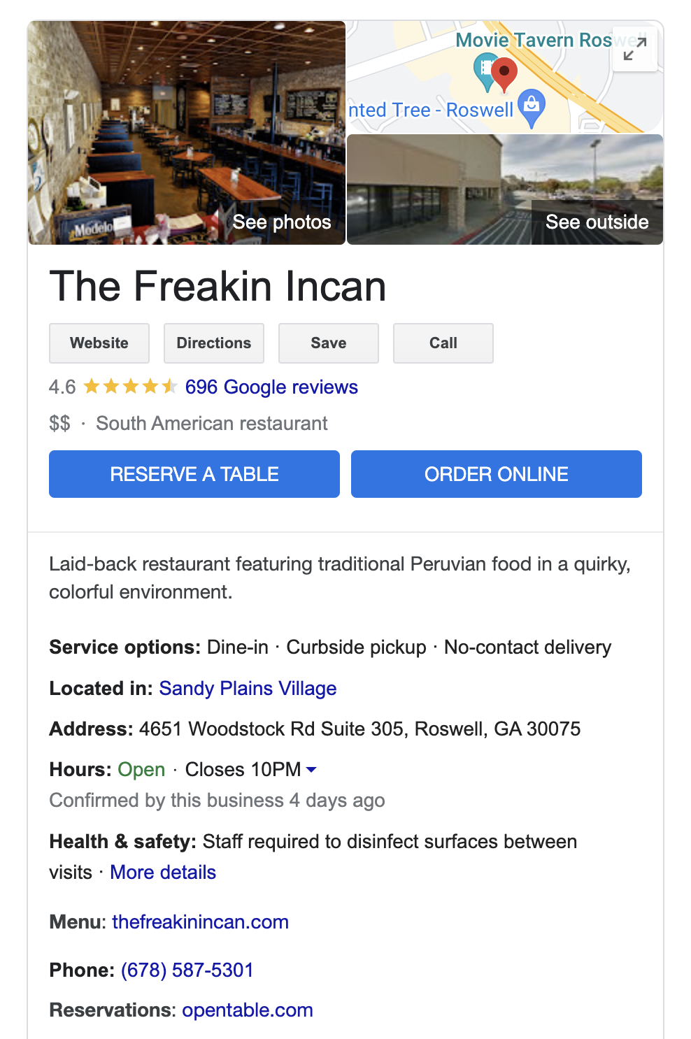 Google Business Profile listing for a restaurant with reviews and hours