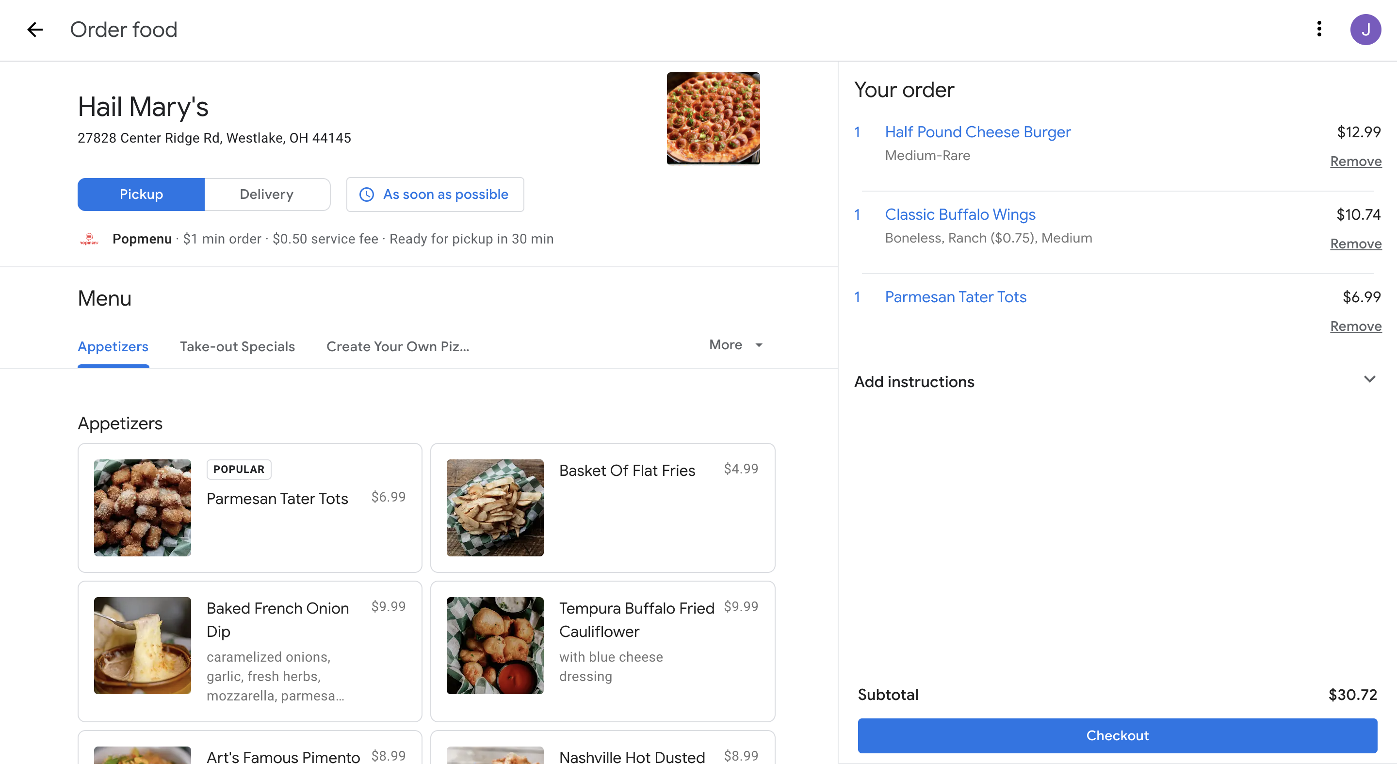 Google Order food screen showing a restaurant’s online order and cart