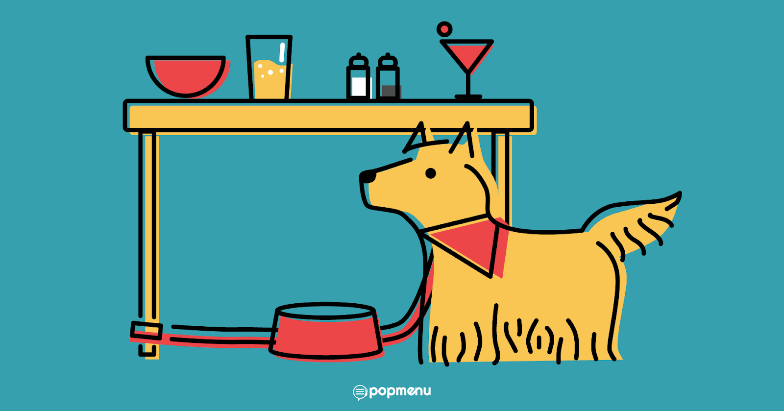 Illustration of a dog waiting under a restaurant table