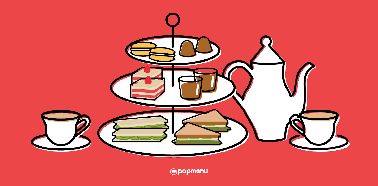 Illustration of a three-tier afternoon tea set with teapot